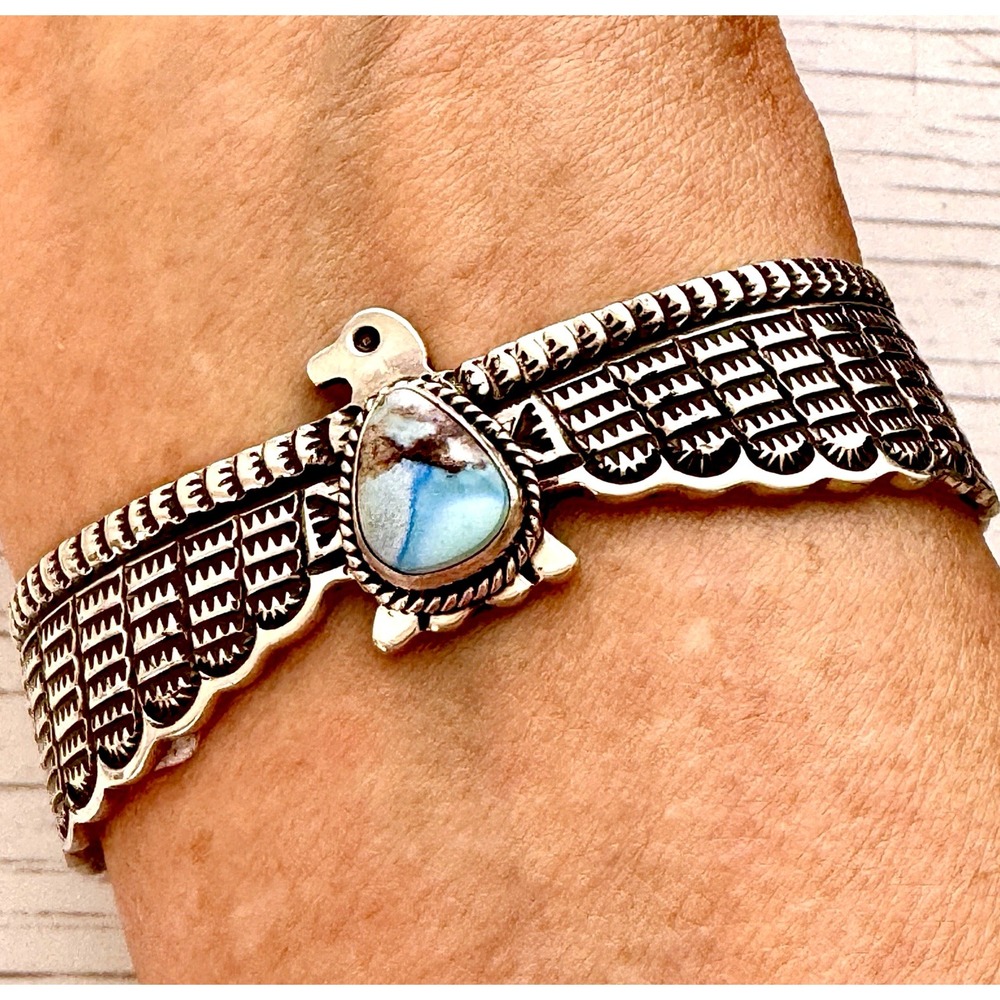 Navajo Thunderbird Cuff Bracelet Golden Hills‎ Turquoise 6.5in D Cadman Sterling